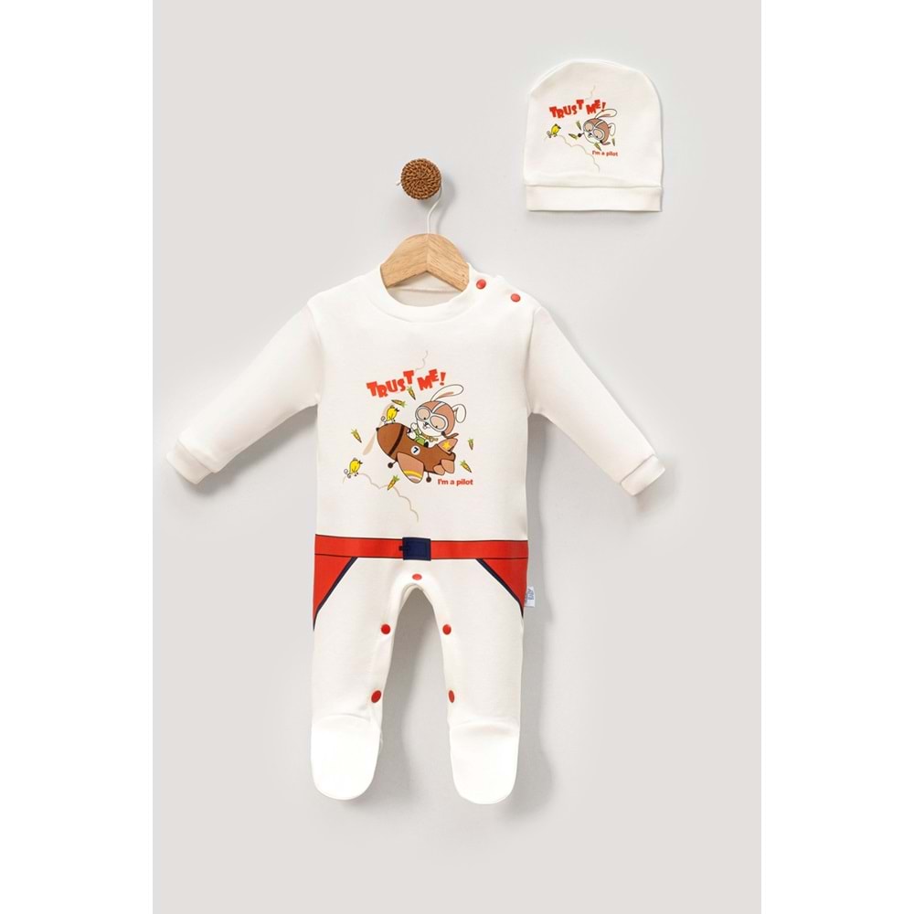 Bebek Tulum ve Şapka Takımı Baskılı Yumuşak Pamuklu Kumaş Jijek Baby - Kırmızı - 6-9AY