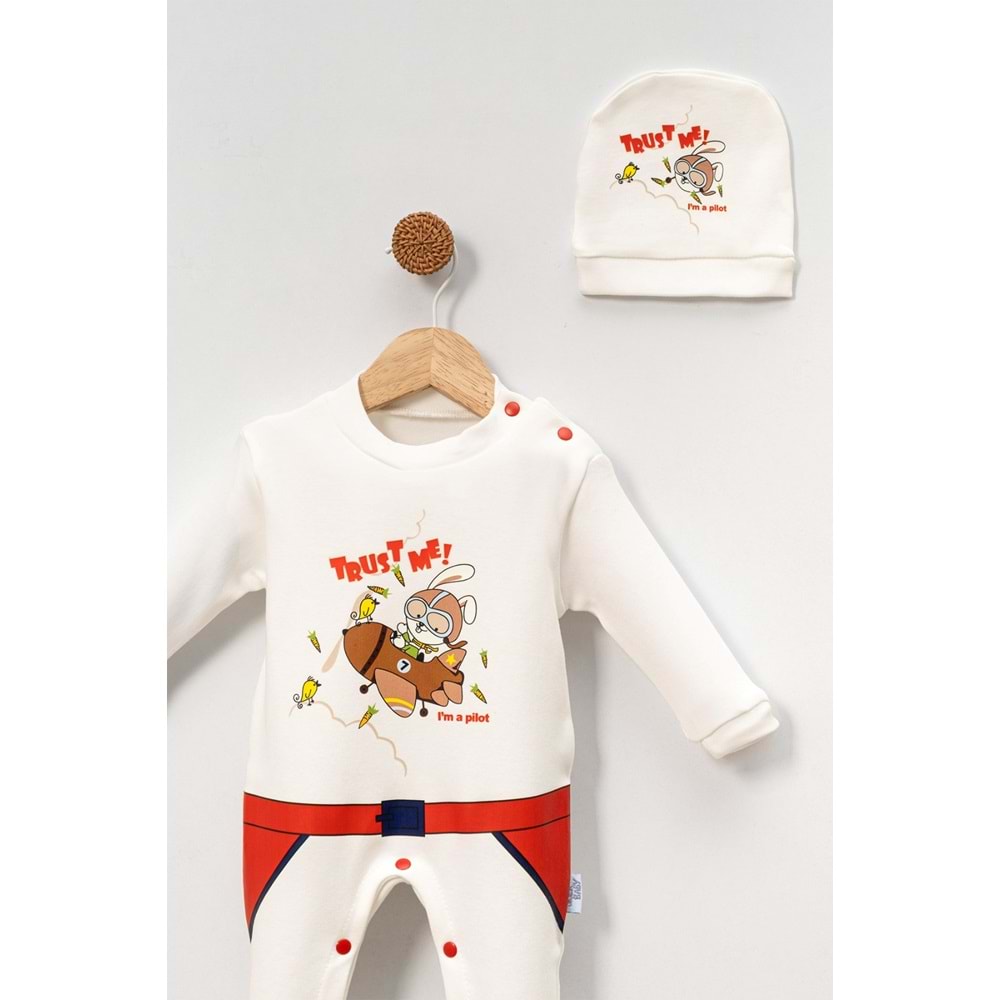 Bebek Tulum ve Şapka Takımı Baskılı Yumuşak Pamuklu Kumaş Jijek Baby - Kırmızı - 6-9AY