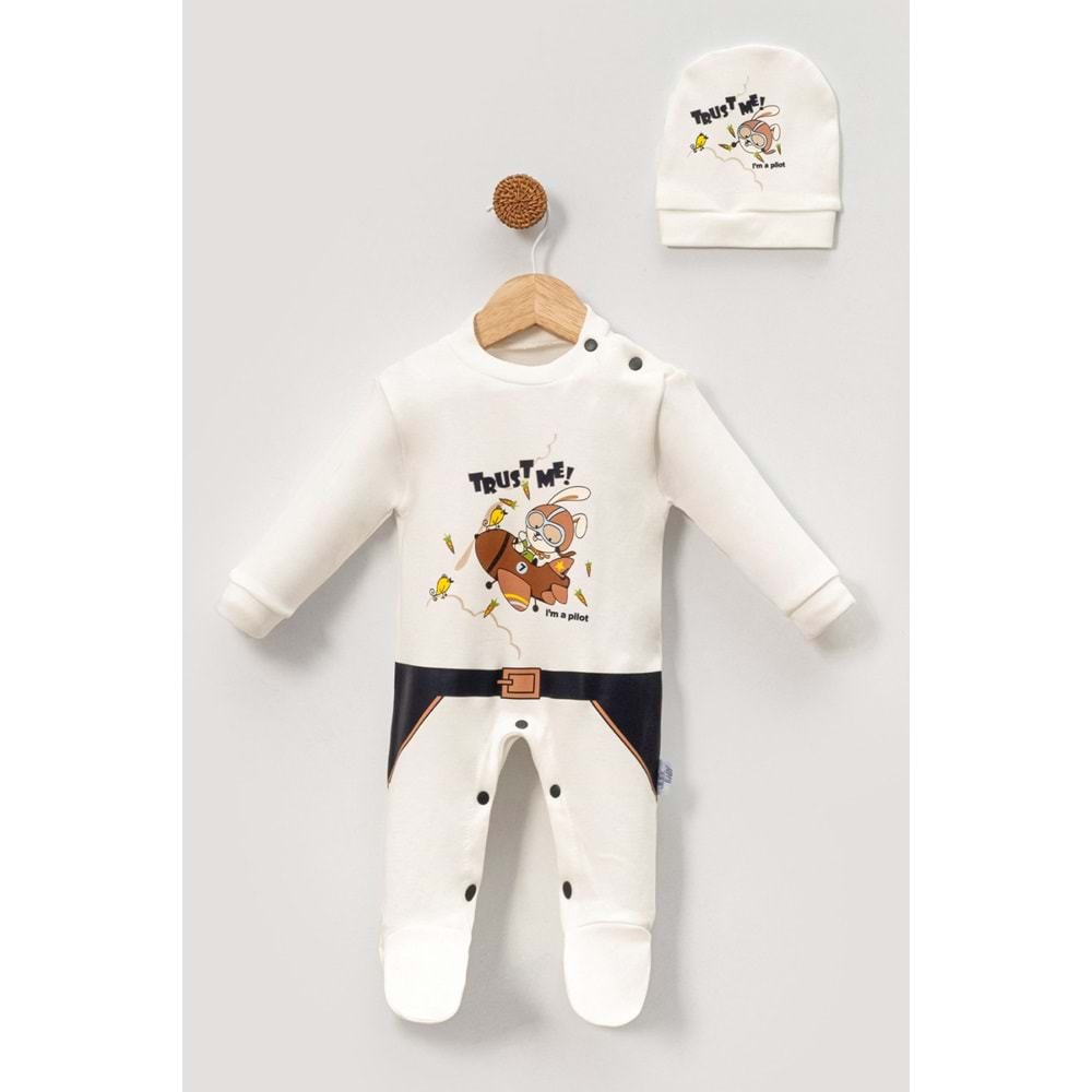 Bebek Tulum ve Şapka Takımı Baskılı Yumuşak Pamuklu Kumaş Jijek Baby - Lacivert - 6-9AY