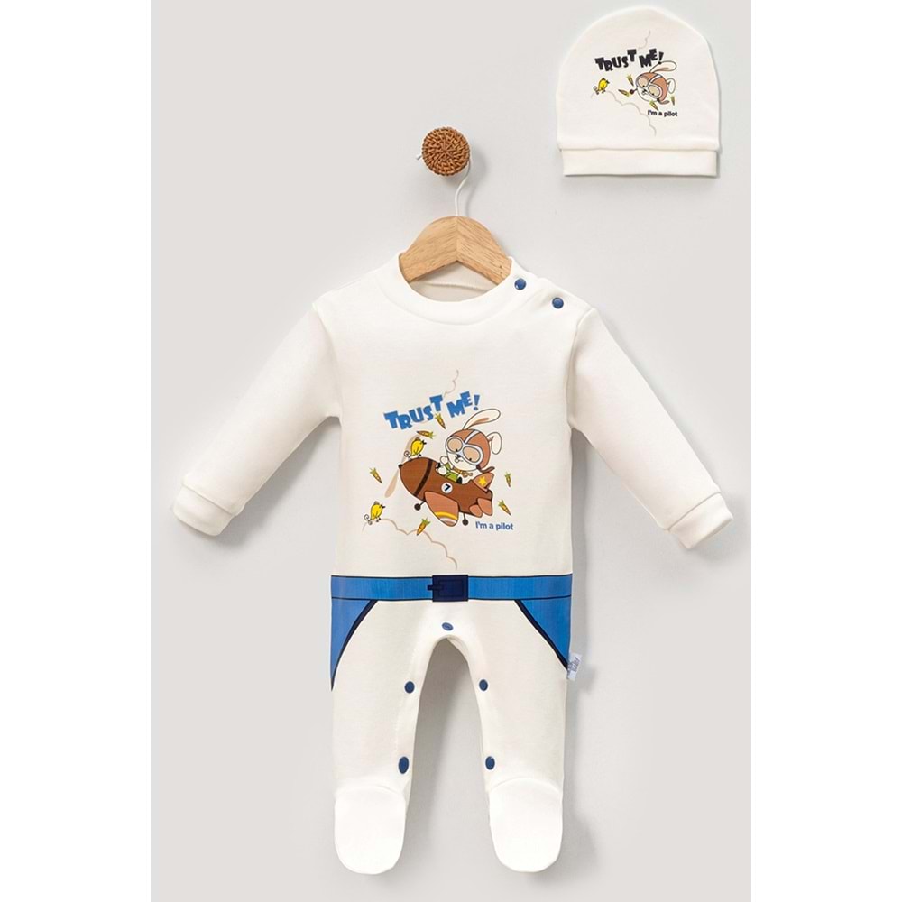 Bebek Tulum ve Şapka Takımı Baskılı Yumuşak Pamuklu Kumaş Jijek Baby - Mavi - 6-9AY
