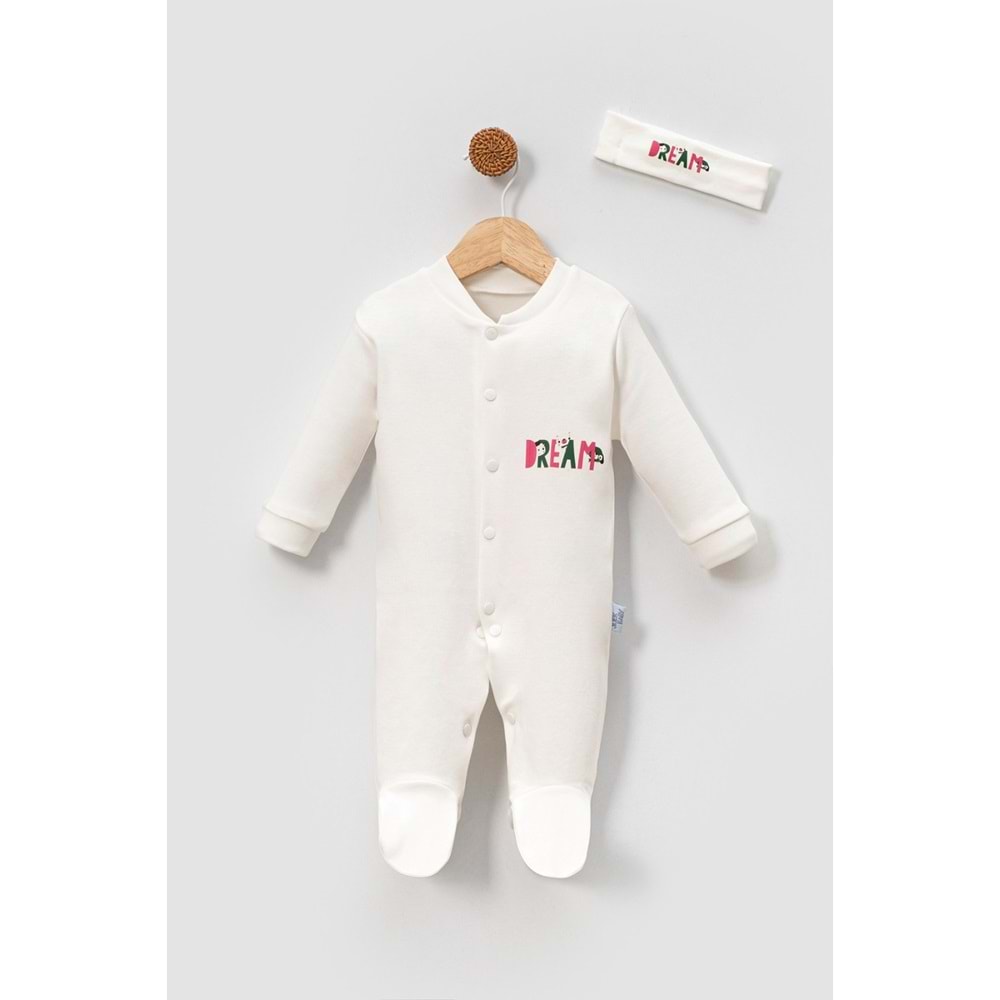 DREAM Yazılı Bebek Tulum ve Saç Bandı Takımı %100 Pamuk Yumuşacık ve Şık - Ekru - 9-12 AY