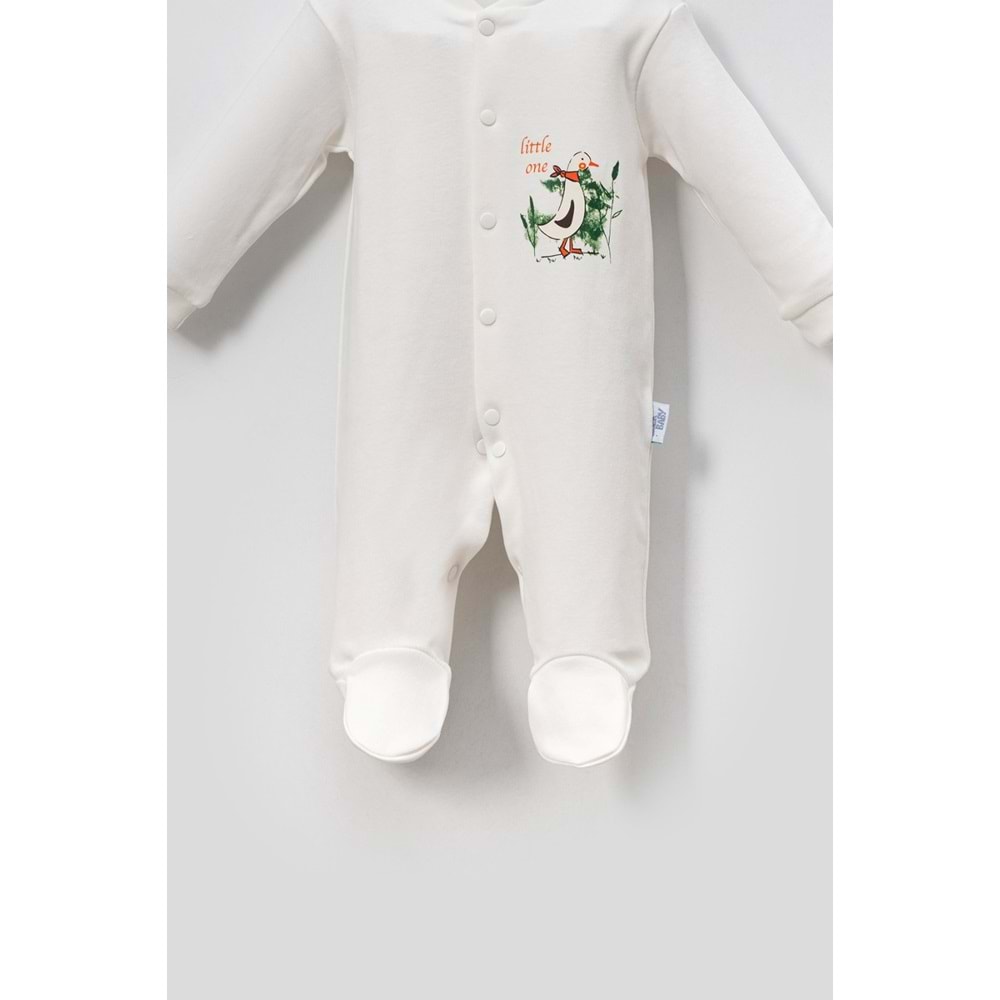 Little One Penguen Desenli Bebek Tulum ve Saç Bandı Seti-Ekru - 9-12 Ay