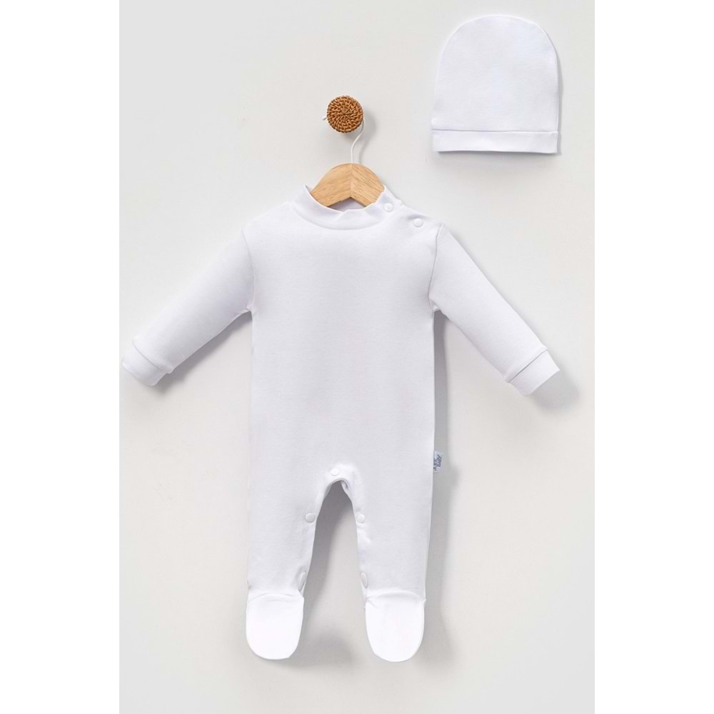 Alttan Çıtçıtlı Şapkalı Bebek Tulum ,Konforlu ve Pratik Tasarım - Beyaz - 6-9AY