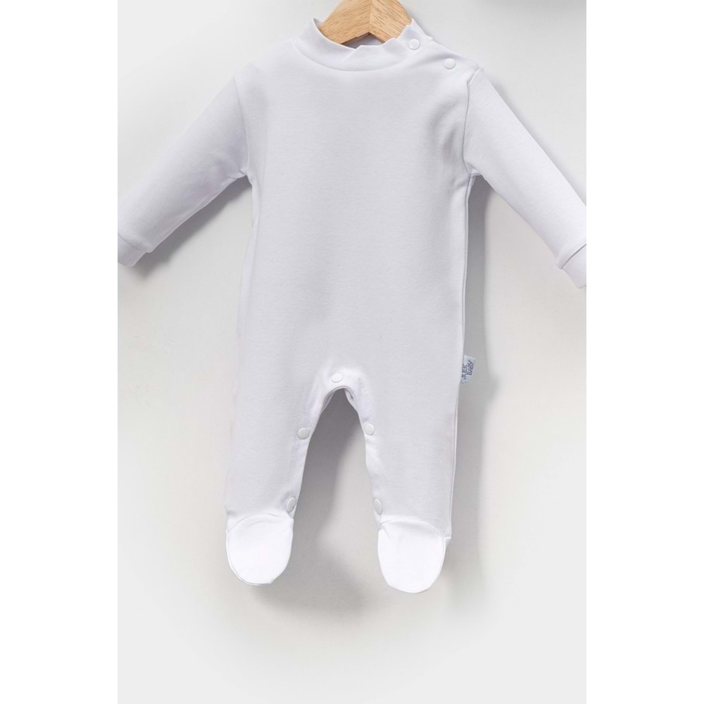 Alttan Çıtçıtlı Şapkalı Bebek Tulum ,Konforlu ve Pratik Tasarım - Beyaz - 6-9AY