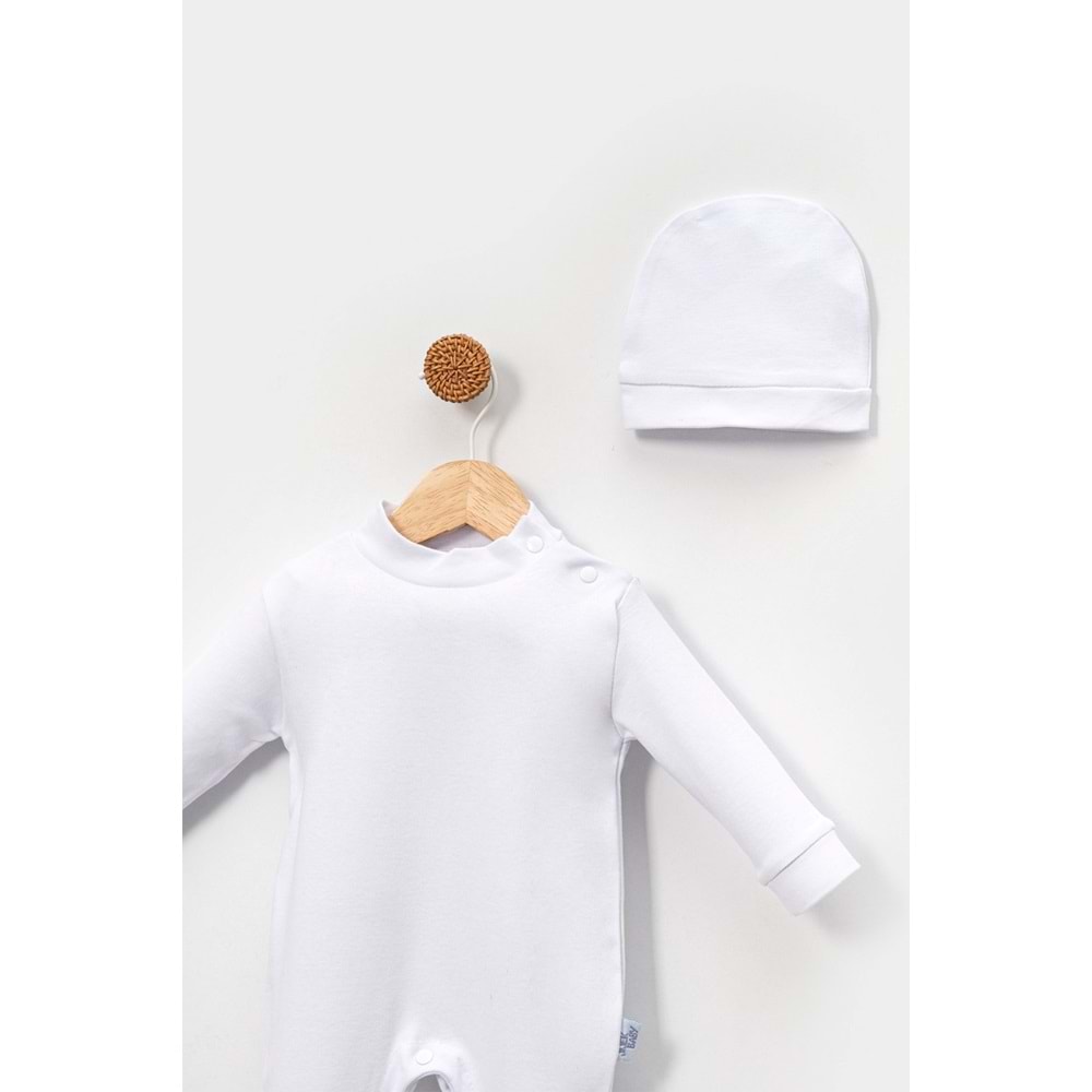 Alttan Çıtçıtlı Şapkalı Bebek Tulum ,Konforlu ve Pratik Tasarım - Beyaz - 6-9AY
