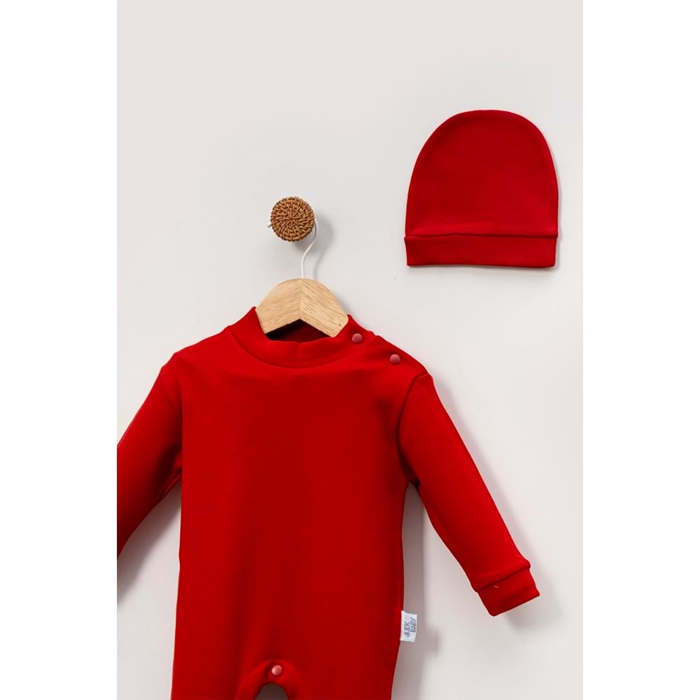 Alttan Çıtçıtlı Şapkalı Bebek Tulum ,Konforlu ve Pratik Tasarım - Kırmızı - 6-9AY