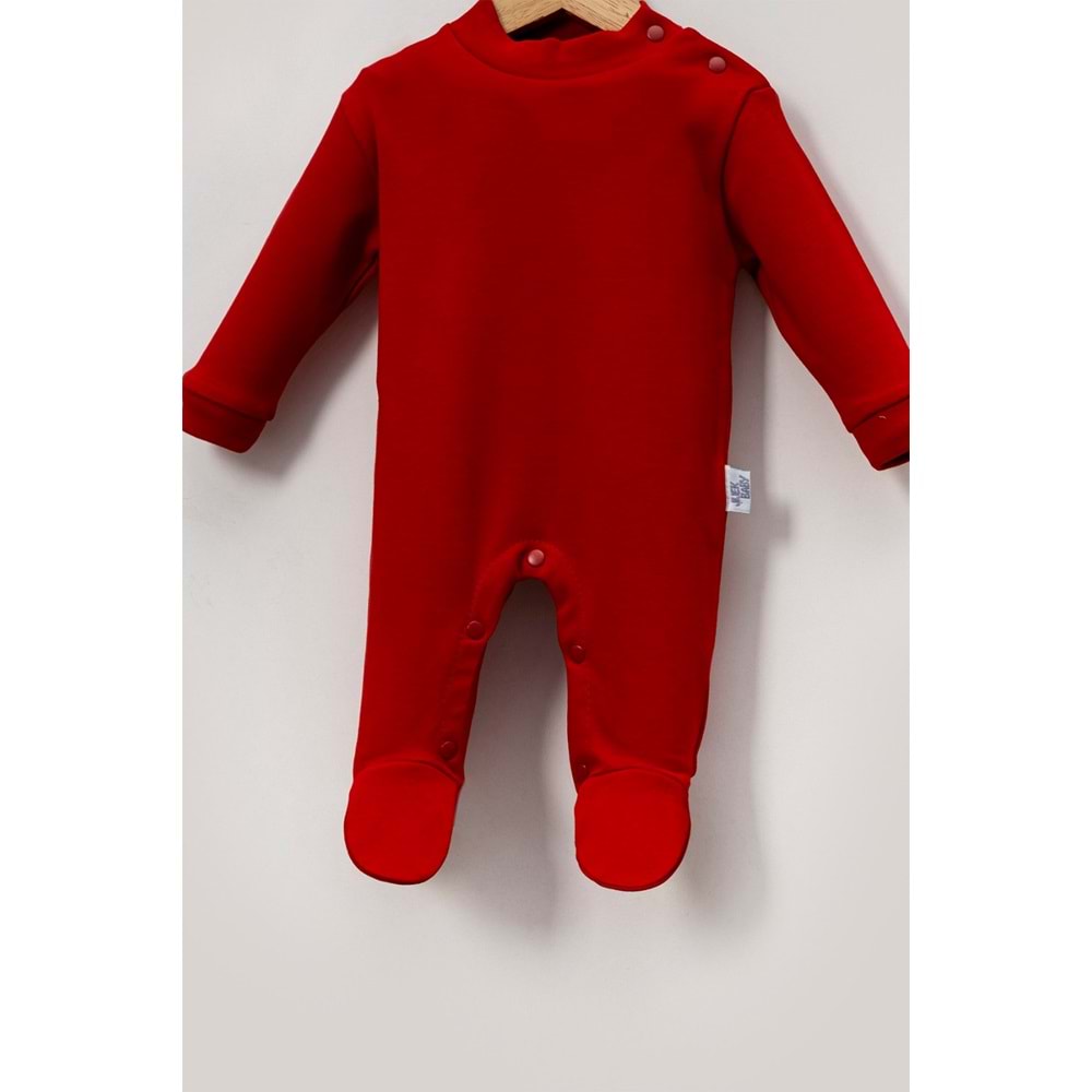Alttan Çıtçıtlı Şapkalı Bebek Tulum ,Konforlu ve Pratik Tasarım - Kırmızı - 9-12 AY