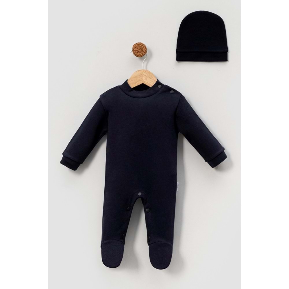 Alttan Çıtçıtlı Şapkalı Bebek Tulum ,Konforlu ve Pratik Tasarım - Lacivert - 9-12 AY