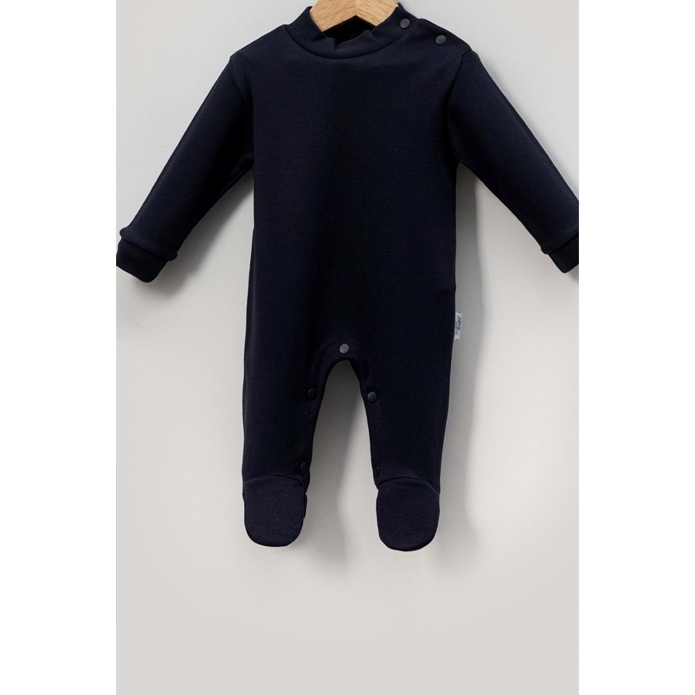 Alttan Çıtçıtlı Şapkalı Bebek Tulum ,Konforlu ve Pratik Tasarım - Lacivert - 9-12 AY