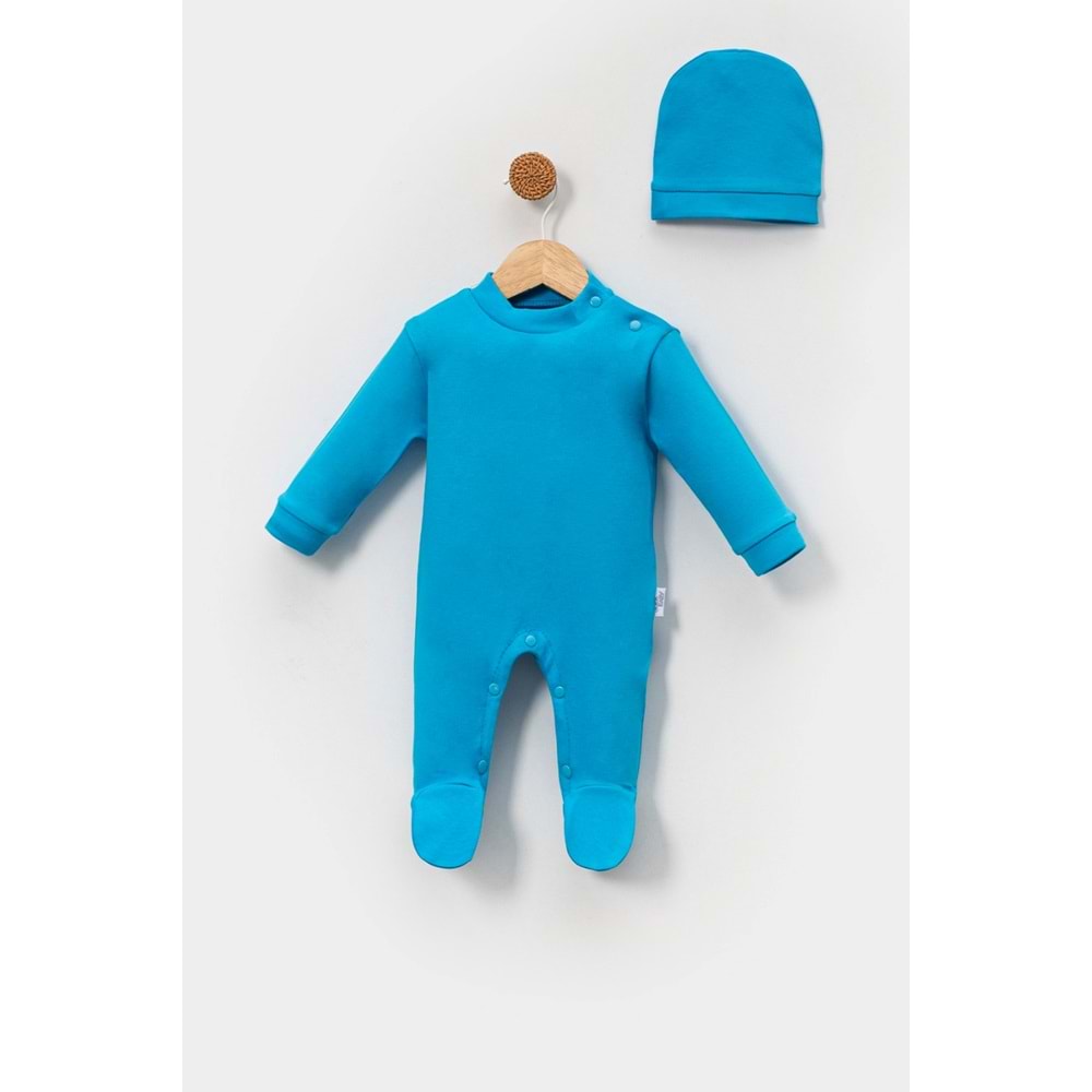 Alttan Çıtçıtlı Şapkalı Bebek Tulum ,Konforlu ve Pratik Tasarım - Turkuaz - 6-9AY