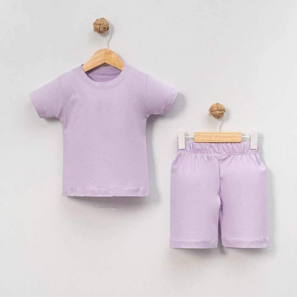 Unisex Bebek %100 Pamuk Yazlık Basic Tişört Şort Seti - Jijek Baby - Lila - 6-9AY