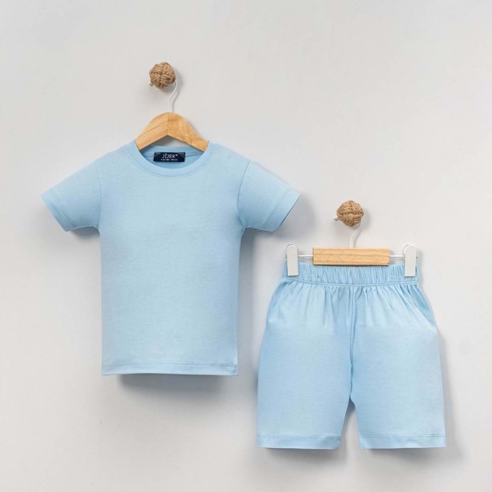 Unisex Bebek %100 Pamuk Yazlık Basic Tişört Şort Seti - Jijek Baby - Mavi - 9-12 AY