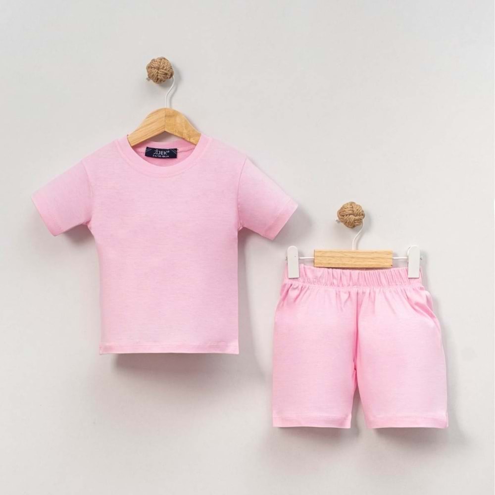 Unisex Bebek %100 Pamuk Yazlık Basic Tişört Şort Seti - Jijek Baby - Pembe - 9-12 AY