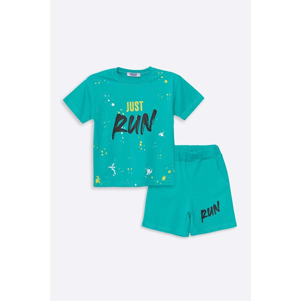 Run Baskılı Penye Şort- T-Shirt Kız-Erkek Takım - Coppa - Su Yeşili - 9 YAŞ - FRND00000002-64