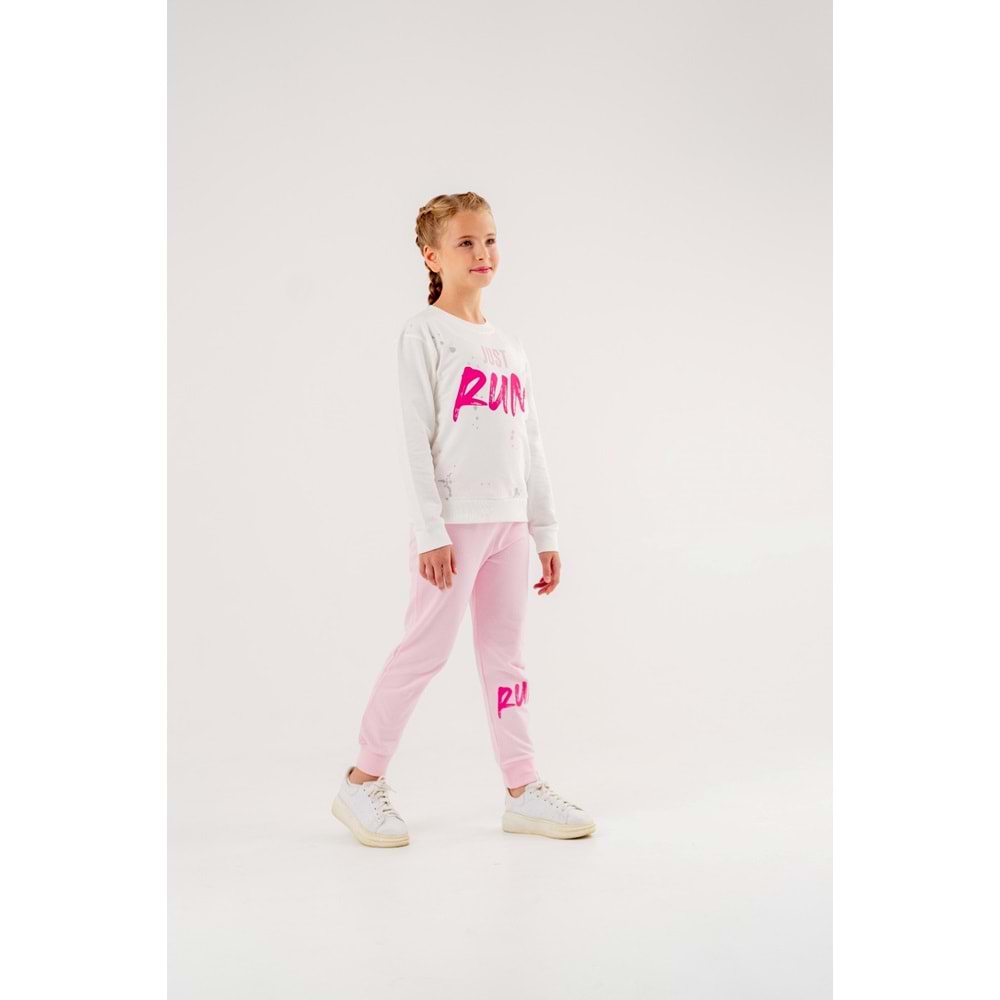 Run Erkek - Kız Çocuk T-shirt Eşofman Altı Takım - Coppa - Ekru-Pembe - 4 YAŞ