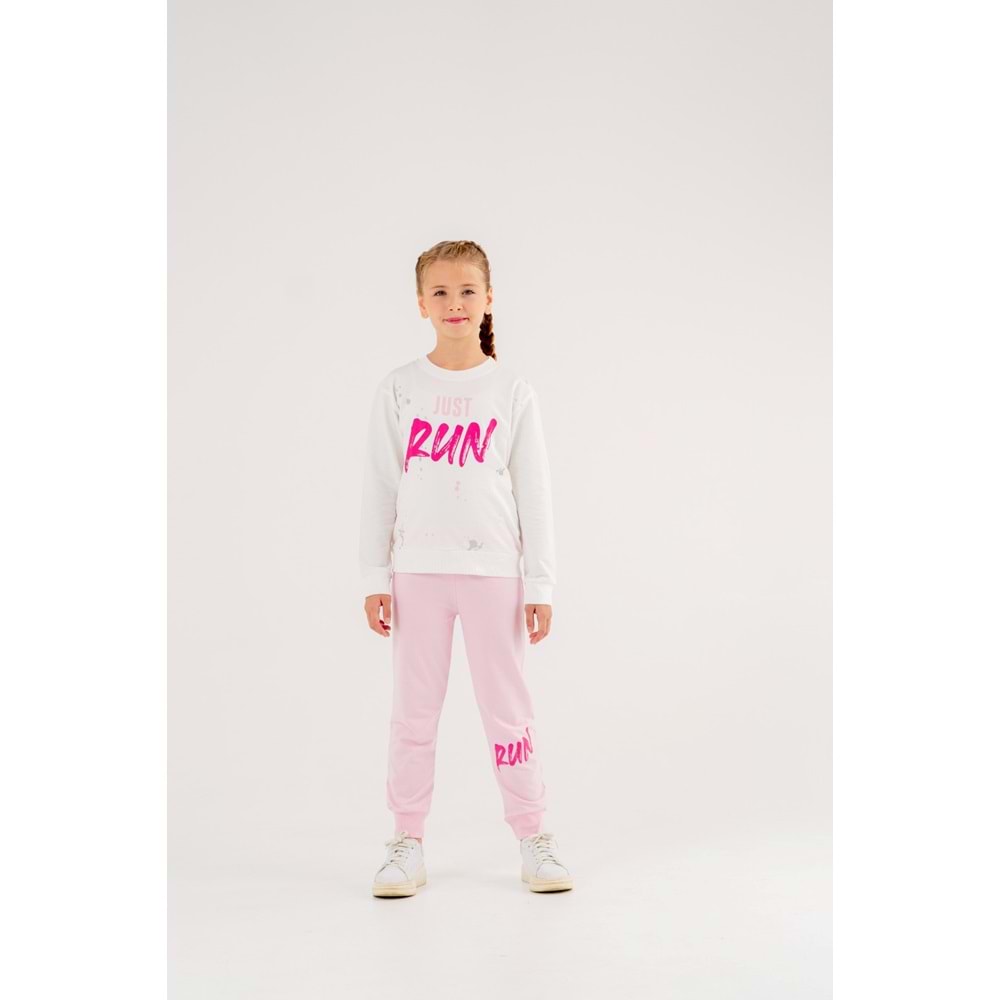 Run Erkek - Kız Çocuk T-shirt Eşofman Altı Takım - Coppa - Ekru-Pembe - 9 YAŞ