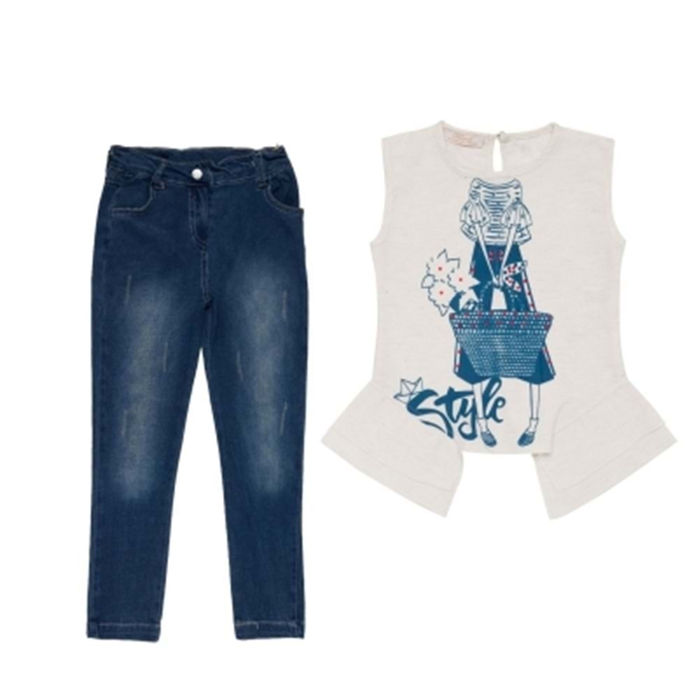 Kotlu Alt Üst Keten Bluzlü İkili Kız Takım Style Baskılı - Coppa - Ekru - 4 YAŞ - FRND00000018-243