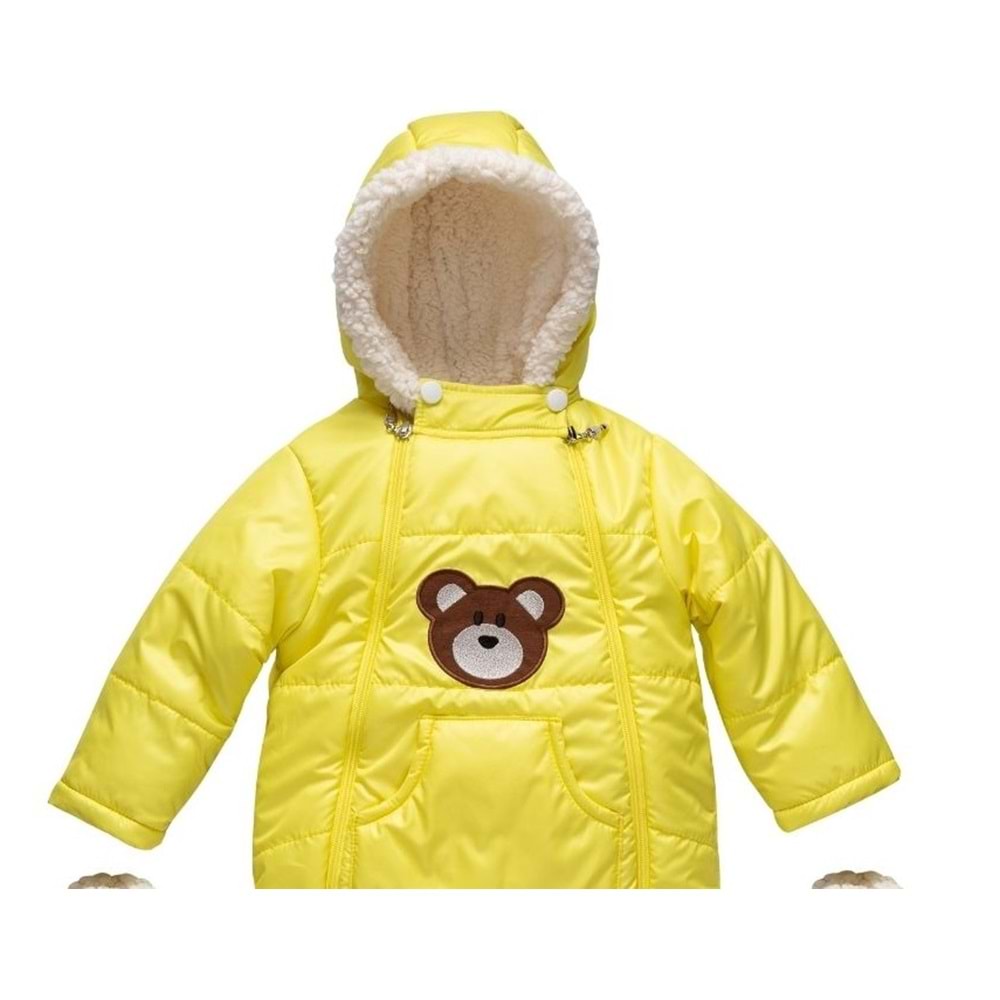 Kayak Tulum Bebe Kar Kıyafeti Ayıcık Nakışlı Kışlık- Sarı - 6-9AY