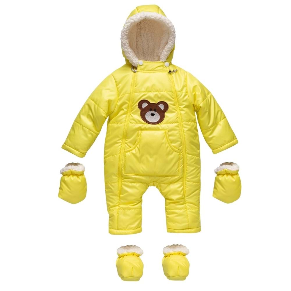 Kayak Tulum Bebe Kar Kıyafeti Ayıcık Nakışlı Kışlık- Sarı - 9-12 AY