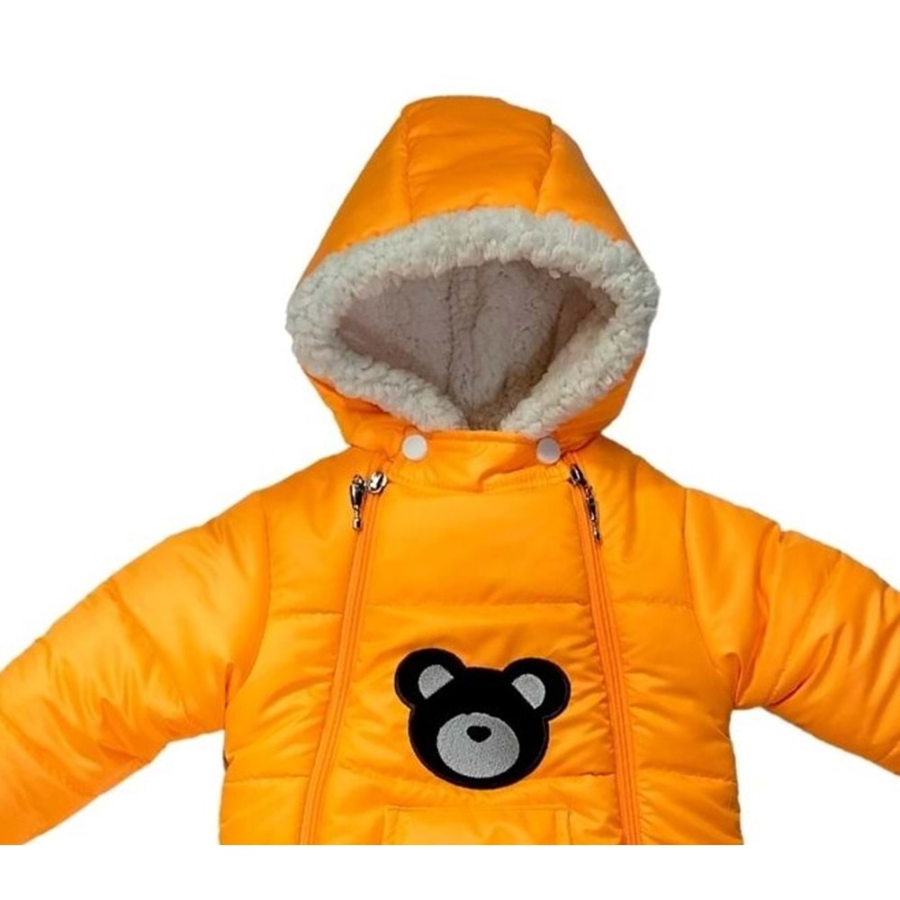 Kayak Tulum Bebe Kar Kıyafeti Ayıcık Nakışlı Kışlık-Turuncu - 6-9AY