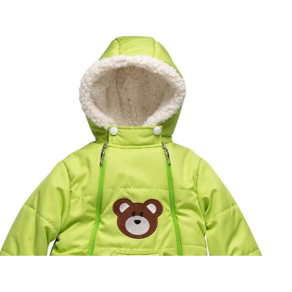 Kayak Tulum Bebe Kar Kıyafeti Ayıcık Nakışlı Kışlık- Açık Yeşil - 9-12 AY