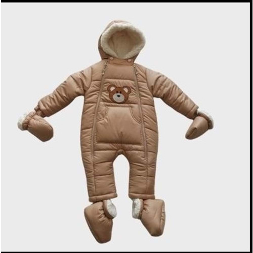Kayak Tulum Bebe Kar Kıyafeti Ayıcık Nakışlı -Kışlık-a Bej - 24-36 AY