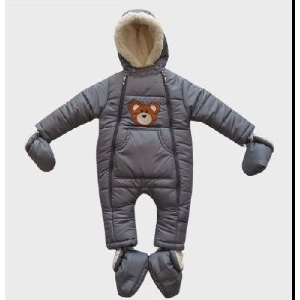 Kayak Tulum Bebe Kar Kıyafeti Ayıcık Nakışlı Kışlık-Füme - 9-12 AY