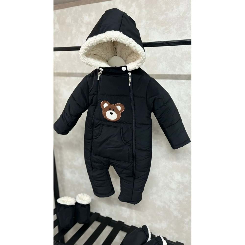 Kayak Tulum Bebe Kar Kıyafeti Ayıcık Nakışlı Kışlık Siyah-6-9AY