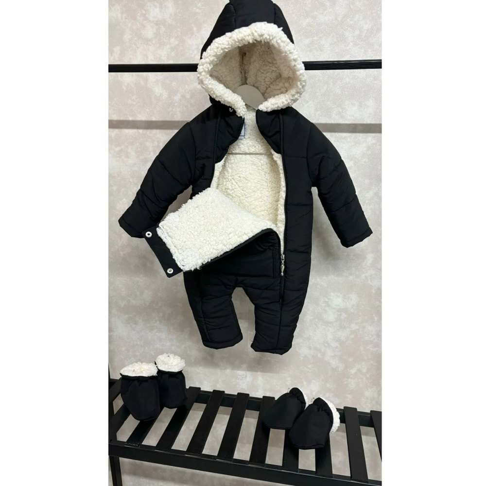 Kayak Tulum Bebe Kar Kıyafeti Ayıcık Nakışlı Kışlık Siyah-6-9AY