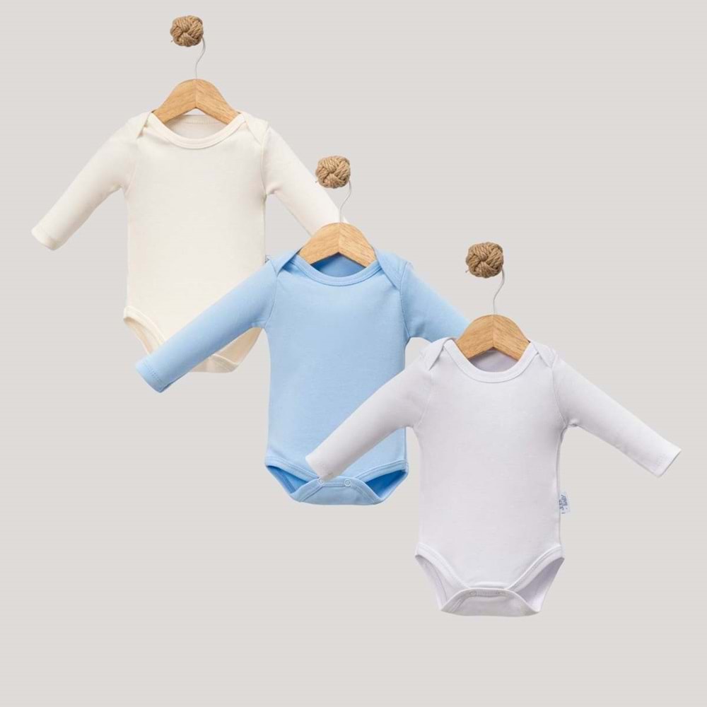 Jijek Baby 3 Lü Uzunkollu Bebek Body – Yumuşak,Rahat - KREM-MAVİ-BEYAZ - 12-18 AY