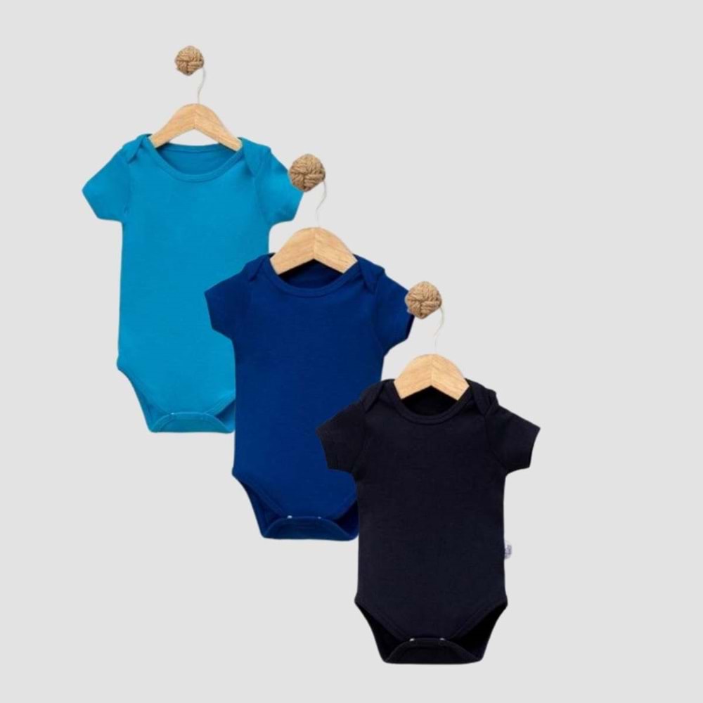 Jijek Baby 3 Lü Kısakollu Bebek Body – Yumuşak,Rahat - SAKS-LACİVERT-TURKUAZ - 9-12 AY