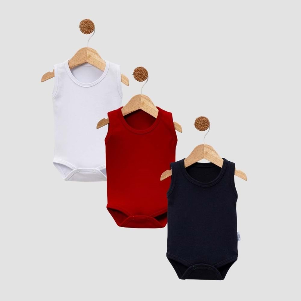 Jijek Baby 3 Lü Kolsuz Bebek Body – Yumuşak,Rahat - beyaz-kırmızı-lacivert - 18-24 AY