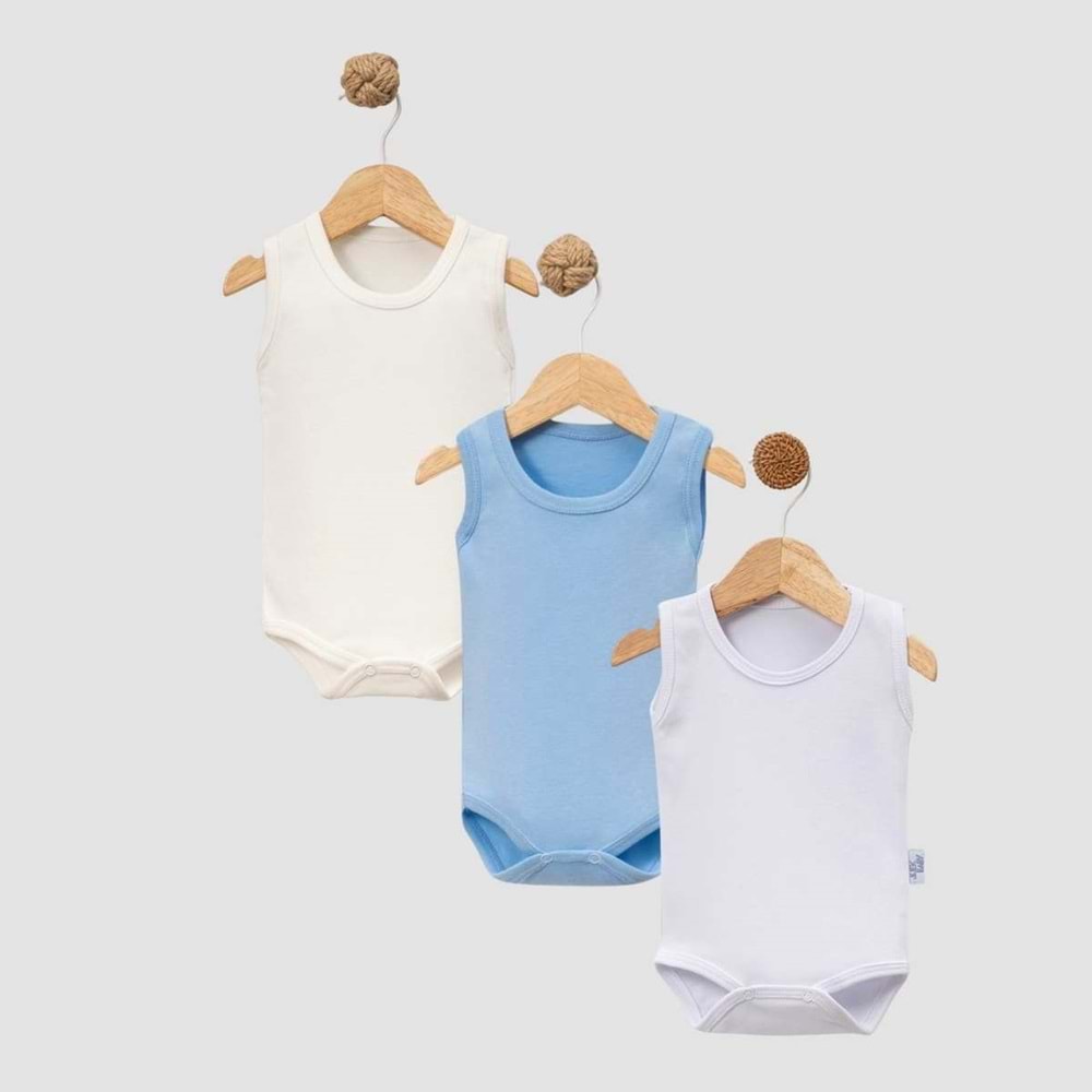 Jijek Baby 3 Lü Kolsuz Bebek Body – Yumuşak,Rahat - KREM-MAVİ-BEYAZ - 9-12 AY