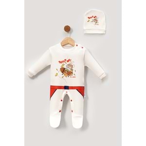 Bebek Tulum ve Şapka Takımı Baskılı Yumuşak Pamuklu Kumaş Jijek Baby - Kırmızı - 0-3 AY