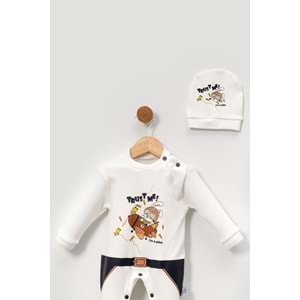Bebek Tulum ve Şapka Takımı Baskılı Yumuşak Pamuklu Kumaş Jijek Baby -Lacivert-0-3 AY