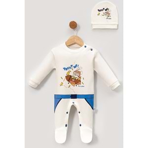 Bebek Tulum ve Şapka Takımı Baskılı Yumuşak Pamuklu Kumaş Jijek Baby -Mavi - 0-3 AY