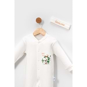 Little One Penguen Desenli Bebek Tulum ve Saç Bandı Seti - Ekru -6-9AY