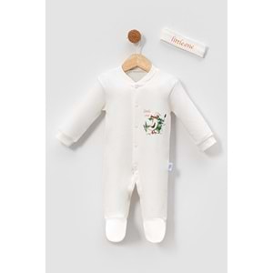 Little One Penguen Desenli Bebek Tulum ve Saç Bandı Seti-Ekru - 9-12 Ay