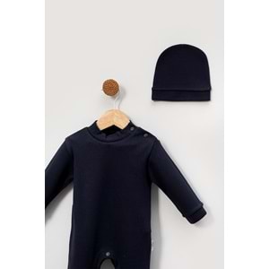 Alttan Çıtçıtlı Şapkalı Bebek Tulum ,Konforlu ve Pratik Tasarım - Lacivert - 0-3 AY