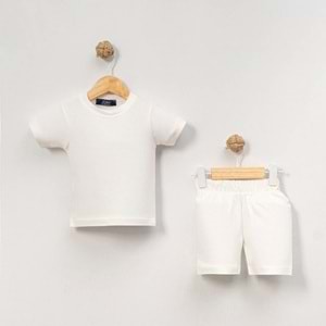 Unisex Bebek %100 Pamuk Yazlık Basic Tişört Şort Seti - Jijek Baby - Ekru - 6-9AY