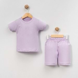 Unisex Bebek %100 Pamuk Yazlık Basic Tişört Şort Seti - Jijek Baby - Lila - 18-24 AY