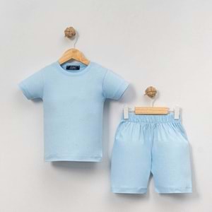 Unisex Bebek %100 Pamuk Yazlık Basic Tişört Şort Seti - Jijek Baby - Mavi - 9-12 AY