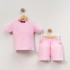 Unisex Bebek %100 Pamuk Yazlık Basic Tişört Şort Seti - Jijek Baby - Pembe - 9-12 AY