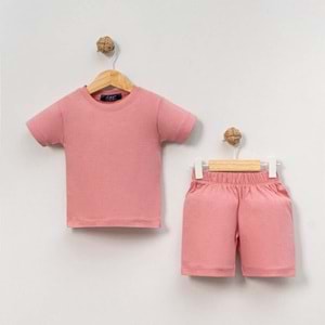 Unisex Bebek %100 Pamuk Yazlık Basic Tişört Şort Seti - Jijek Baby - Pudra - 12-18 AY