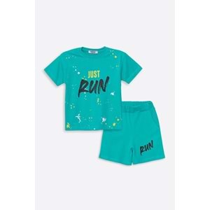 Run Baskılı Penye Şort- T-Shirt Kız-Erkek Takım - Coppa - Su Yeşili - 9 YAŞ - FRND00000002-64
