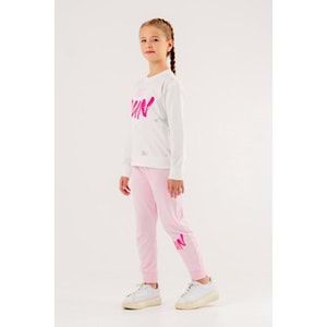 Run Erkek - Kız Çocuk T-shirt Eşofman Altı Takım - Coppa - Ekru-Pembe - 8 YAŞ