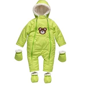 Kayak Tulum Bebe Kar Kıyafeti Ayıcık Nakışlı Kışlık- Açık Yeşil - 9-12 AY