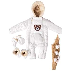 Kayak Tulum Bebe Kar Kıyafeti Ayıcık Nakışlı -Kışlık-Beyaz - 9-12 AY