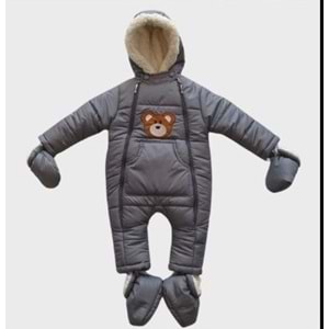 Kayak Tulum Bebe Kar Kıyafeti Ayıcık Nakışlı Kışlık-Füme - 9-12 AY