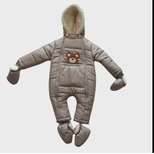 Kayak Tulum Bebe Kar Kıyafeti Ayıcık Nakışlı Kışlık- Gri - 9-12 AY